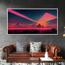 Load image into Gallery viewer, Cyberpunk lake art, city canvas, video game concept art, living room wall art, dystopian art, outrun city at sunset, man cave canvas print
