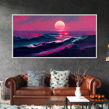 Load image into Gallery viewer, Synth wave sunset, ocean painting canvas print, outrun style, sun set art, wall decor, Made in Texas, ocean sunset, beach vaporwave
