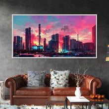 Load image into Gallery viewer, Cyber punk city skyline canvas print, outrun sunset, synthwave, vapor wave, dystopian city at sun set, mancave wall art, video game concept
