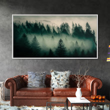 Load image into Gallery viewer, Framed Canvas Print, Pine Tree Forest, Misty Forest Landscape, Fog Covered Mountain, Nature Landscape Decor
