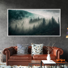 Carregar imagem no visualizador da galeria, Foggy Forest wall art, relaxing art, zen art, framed canvas print, foggy landscape, trendy decor
