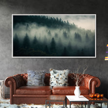 Carregar imagem no visualizador da galeria, Foggy pine forest, Canadian forest art, framed canvas print, farmhouse decor, misty forst landscape

