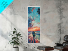 Load image into Gallery viewer, Framed Canvas Oil Painting of Sunset on Beach, Coastal Wall Art Print, Colorful Beach Art, Impasto Painting, Long and Narrow Landscape Art
