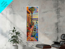 Cargar imagen en el visor de la galería, Long Narrow Vertical Wall Art Print of Beachside Landscape, Sunset Wall Art Print, Nautical Wall Art Framed on Canvas, Colorful Beach Art
