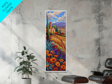 Load image into Gallery viewer, Framed and Printed Canvas Painting of Colorful Tuscan Countryside, Gouache Textured Canvas Painting, Botanical Wall Art Print, Skinny Art

