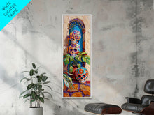 Load image into Gallery viewer, Day of The Dead Inspired Mexican Canvas Painting Framed, Long Narrow Wall Art Print, Spanish Style Home Decor, Contemporary Art Print
