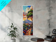 Load image into Gallery viewer, Colorful Textured Canvas Painting of Erupting Volcano Landscape, Tall and Narrow Vertical Art for Office, Mountain Wall Art Prints Framed

