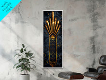 Load image into Gallery viewer, Gold Geometric Art Deco Pattern on Black Background - Framed Canvas Print, Midcentury Modern Art, Skinny Art, Tall Art, Living Room Wall Decor
