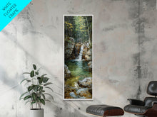Carregar imagem no visualizador da galeria, Framed Canvas Print Skinny Art of a Serene Waterfall Cascading into a Tranquil Pool in a Lush Forest Landscape, Perfect Tall Art for Nature Lovers
