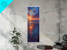 Load image into Gallery viewer, Framed Canvas Print of a Colorful Skinny Art Sunset Over the Ocean with a Vibrant Sky Reflecting on the Water in this Tall Coastal Landscape Art
