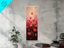 Load image into Gallery viewer, Vibrant Red Tulips in Bloom Against a Soft Pink Background on a Framed Canvas Print Skinny Art Piece
