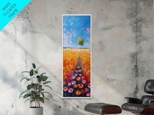 Load image into Gallery viewer, Colorful Wildflowers in a Field with a Lone Tree Under a Bright Blue Sky on a Framed Canvas Print Tall Art Piece
