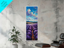 Carregar imagem no visualizador da galeria, Framed Canvas Print of Wide Lavender Fields Under a Bright Sky Featuring Skinny Tall Art for Stunning Wall Decor in Home or Office
