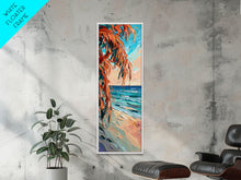Carregar imagem no visualizador da galeria, Expressive Coastal Shoreline Landscape in Blue and Orange, Abstract Painting on Framed Canvas Print, Perfect for Beach-Themed Wall Art
