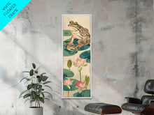 Load image into Gallery viewer, Frogs On Lily Pads Canvas In Japanese Ukiyo-e Style, Traditional Woodblock Print, Framed Canvas Print, Tall Skinny Japanese Wall Art, Ready To Hang
