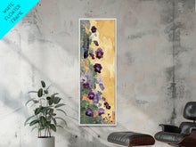 Load image into Gallery viewer, Deep Purple Pansy Flowers Against Textured Gold Background on Tall Vertical Canvas Print for Rich Floral Wall Decor

