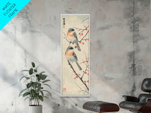 Load image into Gallery viewer, Pair of Birds on Snowy Branches, Japanese Art Framed Canvas Print, Tall and Skinny Wall Art in Ukiyo-e Style
