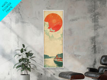 Load image into Gallery viewer, Large Red Sun Over River, Japanese Art Inspired by Ukiyo-e, Framed Canvas Print for Tall Skinny Wall Spaces
