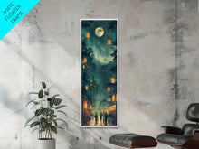 Load image into Gallery viewer, Framed Canvas Print Of A Nighttime Japanese Festival Scene With Lanterns And Pine Trees, Traditional Wall Art Ready To Hang
