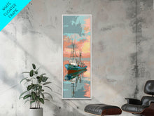 Cargar imagen en el visor de la galería, Fishing Boat, Calm Waters, Japanese Art, Skinny Art, Tall Art, Framed Canvas Print, Ukiyo-e Style

