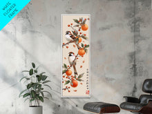 Load image into Gallery viewer, Skinny Art Tall Art Framed Canvas Print Wood Block Print Of Elegant Bird Perched On Branch Amidst Orange Fruits Ukiyo-e Japanese Style Art
