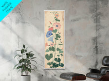 Load image into Gallery viewer, Skinny Art Tall Art Framed Canvas Print Stylized Morning Glory Blossoms In Subtle Pastel Hues Ukiyo-e Japanese Style Art Wood Block Print
