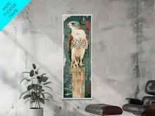 Load image into Gallery viewer, Majestic Hawk Perched On Weathered Stump Textured Background Skinny Art Tall Art Framed Canvas Print Japanese Style Art Ukiyo-e Art Wood Block Print
