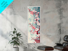 Load image into Gallery viewer, Delicate Pink Flowers On Branch Gentle Tones Skinny Art Tall Art Framed Canvas Print Japanese Style Art Ukiyo-e Art Wood Block Print Floral
