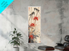 Load image into Gallery viewer, Blossoming Pink Flowers Bold Red Accents Skinny Art Tall Art Framed Canvas Print Japanese Style Art Ukiyo-e Art Wood Block Print Feminine
