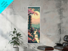 Load image into Gallery viewer, Japanese Pagoda Among Sakura Trees Under Yellow Moon Tall Art Skinny Art Framed Canvas Print Japanese Style Art Ukiyo-e Wood Block Print
