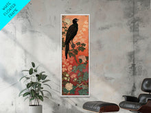 Carregar imagem no visualizador da galeria, Black Bird On Flowering Branch With Orange Background Tall Art Skinny Art Framed Canvas Print Japanese Style Art Ukiyo-e Wood Block Print
