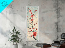 Load image into Gallery viewer, Peach Blossoms On Branch With Soft Pastel Background Tall Art Skinny Art Framed Canvas Print Japanese Style Art Ukiyo-e Wood Block Print

