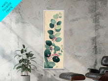 Load image into Gallery viewer, Delicate Green Leaves And Pink Buds On A Branch Against A Textured Background, Skinny Art Tall Wall Art Framed Canvas Print Japanese Style Art
