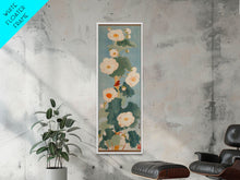 Load image into Gallery viewer, Tall White Blooms with Large Leaves on Blue Background, Framed Canvas Print in Japanese Art Style
