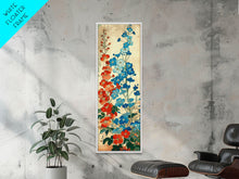 Load image into Gallery viewer, Delphinium Flowers Japanese Garden Art In Traditional Ukiyo-e Style Framed Canvas Print Tall Skinny Wood Block Floral Wall Decor

