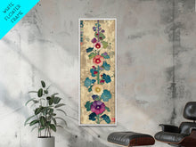 Cargar imagen en el visor de la galería, Colorful Hollyhock Flowers Traditional Japanese Woodblock Style Tall Skinny Framed Canvas Print Wall Art
