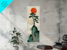 Load image into Gallery viewer, Bonsai Tree Mountain Red Sun Japanese Tall Wall Art Skinny Framed Canvas Print Ukiyo-e Style

