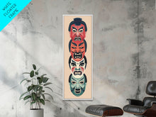 Load image into Gallery viewer, Bold Striking Japanese Kabuki Masks Vibrant Colors Depicted Traditional Style Tall Framed Canvas Print Cultural Home Decor
