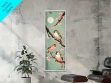 Load image into Gallery viewer, Delicate Sparrows Perched On Cherry Blossoms Under Full Moon Serene Nighttime Setting Captured Tall Framed Canvas Print Nature Scene
