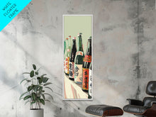 Carregar imagem no visualizador da galeria, Array Of Japanese Sake Bottles With Minimalistic Labels Arranged Simple Composition Captured Tall Framed Canvas Print Bar Decor
