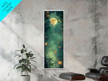 Load image into Gallery viewer, Enchanting Fireflies Illuminating Nighttime Forest Scene Under Full Moon Tall Framed Canvas Print Adding Magical Touch
