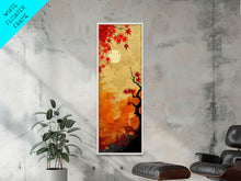 Load image into Gallery viewer, Dramatic Red Autumn Leaves Against Golden Sky Depicted Japanese Style Tall Framed Canvas Print Seasonal Wall Art
