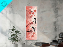 Load image into Gallery viewer, Red and Black Maple Leaves with Birds Perched on Branches Japanese Framed Canvas Print Ukiyo-e Art Skinny Tall Art
