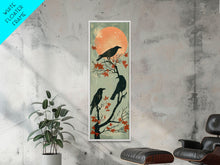 Carregar imagem no visualizador da galeria, Black Crows Japanese Art Skinny Wall Art Framed Canvas Print on Branches with Red Maple Leaves Against Warm Orange Sun

