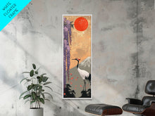 Load image into Gallery viewer, Japanese Crane Skinny Wall Art Framed Canvas Print in a Garden with Wisteria Flowers and Mount Fuji in the Background
