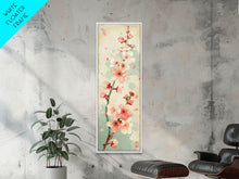 Cargar imagen en el visor de la galería, Cherry Blossom Japanese Art Skinny Wall Art Framed Canvas Print in Light Pastel Colors on Branch Against Subtle Green Background
