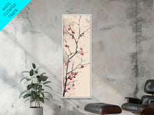 Cargar imagen en el visor de la galería, Minimalist Japanese Tree Branch With Red Berries, Ukiyo-e Woodblock Style Canvas, Framed Canvas Print, Japanese Tall Skinny Wall Art, Ready To Hang
