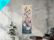 Load image into Gallery viewer, Tall Art Featuring Elegant Bellflowers In Soft Purples And Pinks Against A Muted Background, Skinny Art, Japanese Style Art, Ukiyo-e Art, Framed Canvas Print, Wood Block Print
