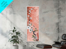 Load image into Gallery viewer, Skinny Art Tall Art Cherry Blossoms Wood Block Print Japanese Style Art With Delicate Branches On Soft Pink Background Framed Canvas Print
