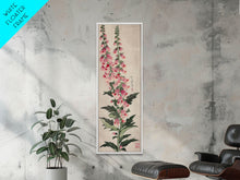 Load image into Gallery viewer, Skinny Art Tall Art Foxglove Flowers Wood Block Print Japanese Style Art Vertical Composition Framed Canvas Print
